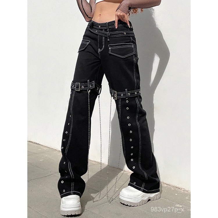 Punk Cargo Pants Emo Alt Harajuku Black Buckle Chain Denim Trousers ...