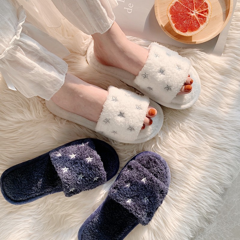 Fluffy Open Toe Winter Slippers Simple Design Cotton Women's House