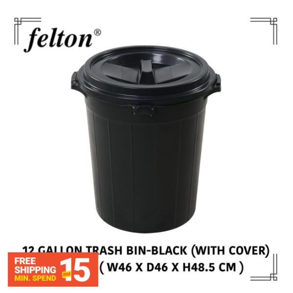 12 Gallon Plastic Garbage Dustbin Trash Pail With Cover Tong Sampah Tong Sampah Hitam Black 1657