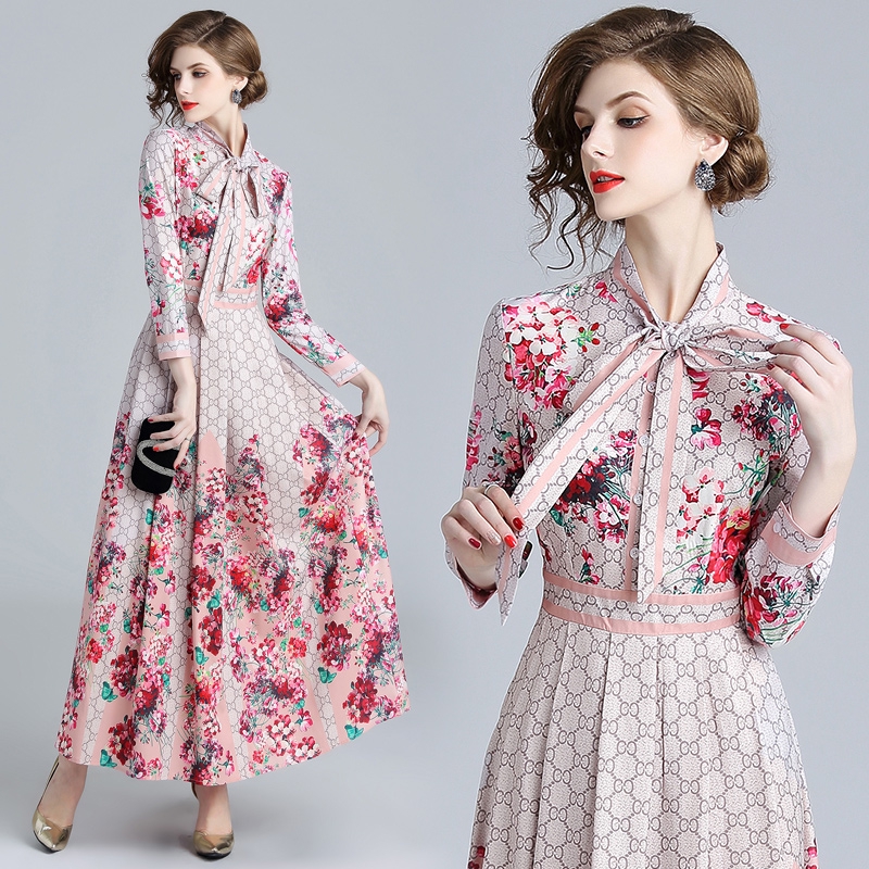 Collar Pink Style Flower Printed Blouse Dress Women Long Sleeve Maxi Dress Shopee Malaysia