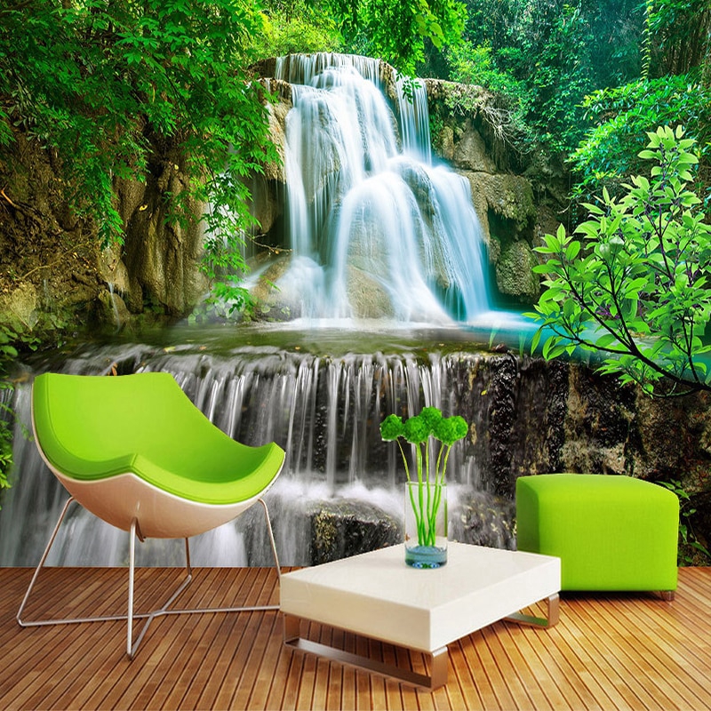 Custom Wall Mural Photo Wall Paper 3D Green Forest Waterfall Natural ...
