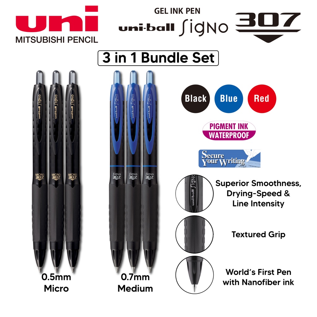 Uni】Uni-ball Signo 307 Gel Ink Pen 0.38mm 0.5mm 0.7mm 3pcs/pack