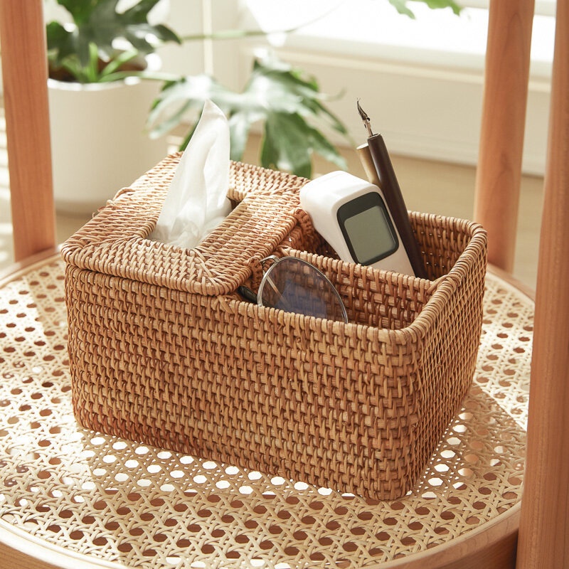 SUMNACON Handgeweven rotan tissue box voor woonkamer, eetkamer, kantoor, hotel, restaurant (groot vierkant