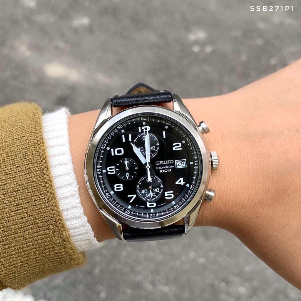 Seiko Men s Chronograph Date Leather Black Dial Quartz Watch SSB271P1 Shopee Malaysia
