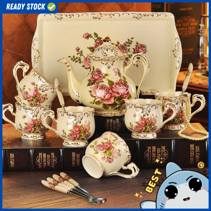 YU Ready Stock European Luxury "Rose" &amp; "Flora" Ceramic Tea Set with gift box / wedding gift / Door gift / High Tea Set