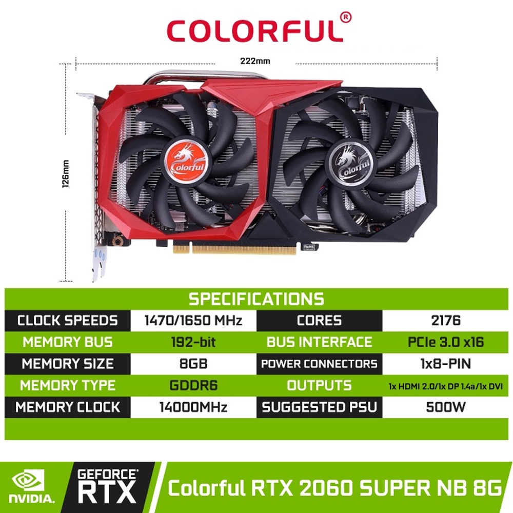 COLORFUL RTX 2060s 2060 Super 2fan 8G 8GB D6 Hashrate43+ Graphic Card ...