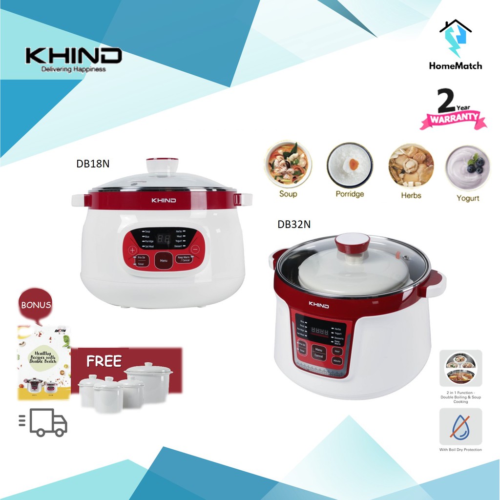 KHIND 1.8L / 3.2L Double Boiler DB18N / DB32N * FREE Ceramic Pots