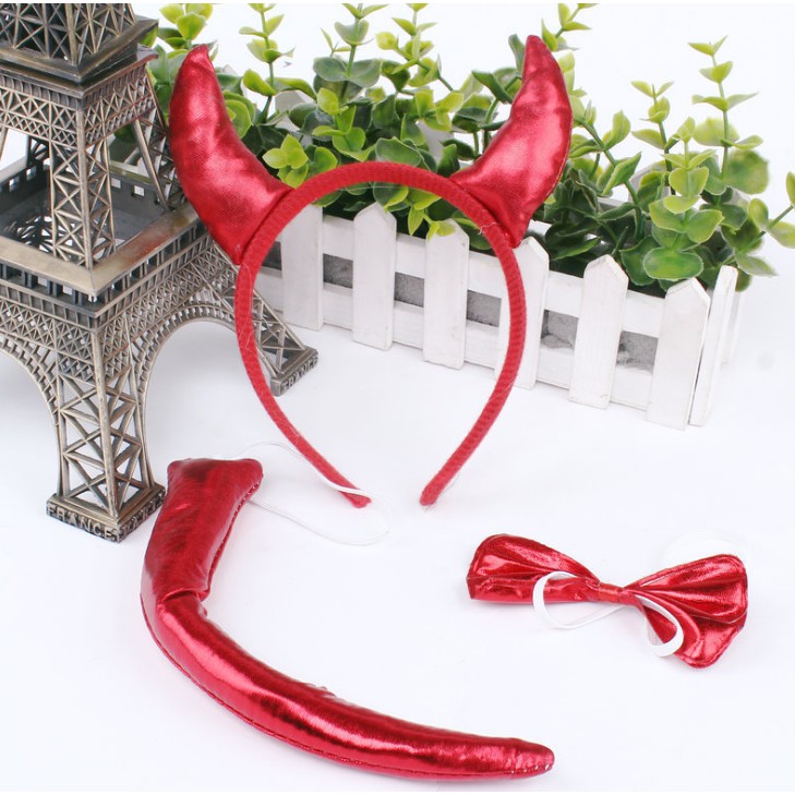 3 Piece Red Devil Set With Horns Headband Bow Tie And Tail
