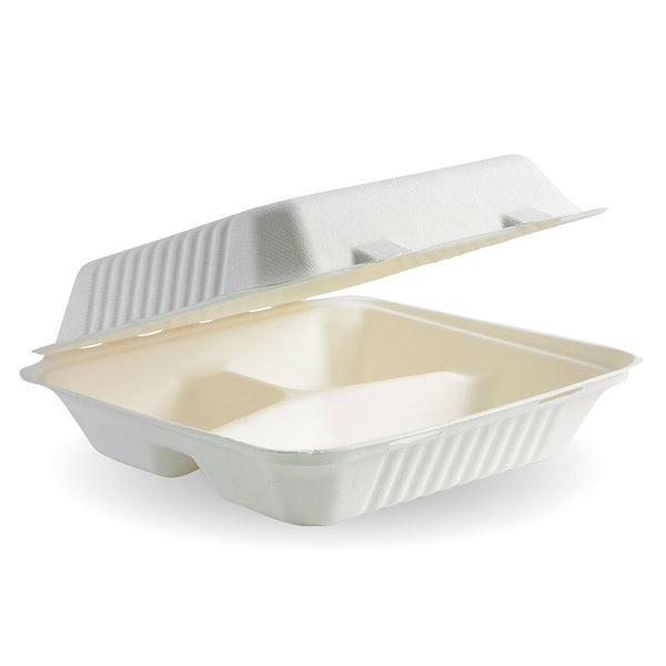 BioTree Bagasse 8 inch 3 compartment Clamshell takeaway Box (50pcs ...