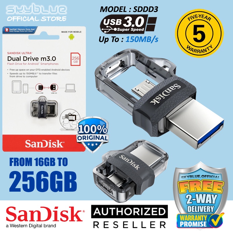 Sandisk Cle USB/Micro-USB 3.0 Ultra Dual Drive m3.0, 256GB, 150MB/s