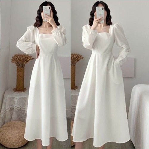 Women Fashion Trend White Long-sleeved Dress Summer Square Collar Slim ...