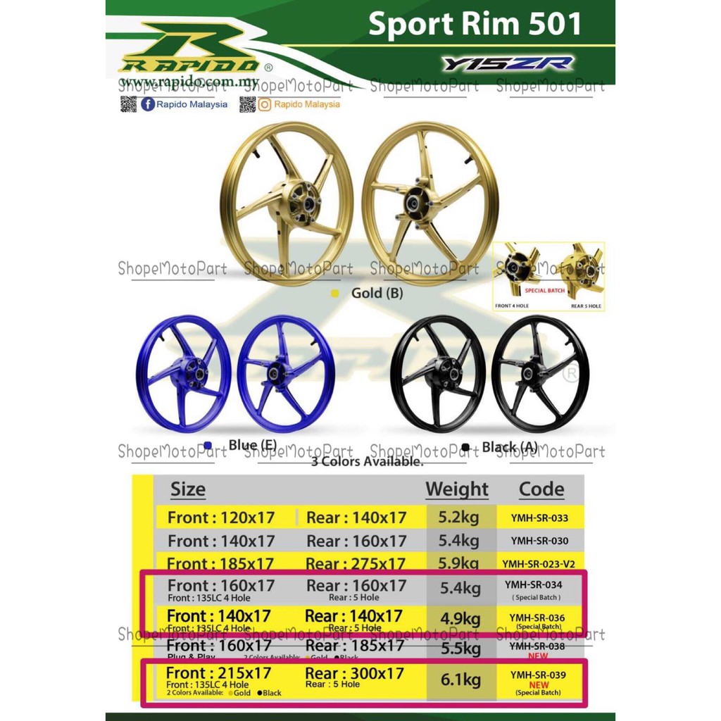 RAPIDO SPORTRIM SPORT RIM 501 YAMAHA Y15ZR FRONT 1.60 REAR 1.60 GOLD ...