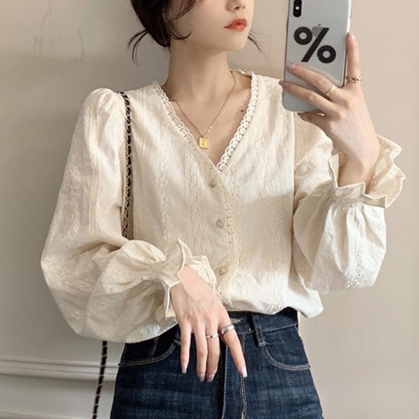 V-neck Puff Sleeve Blouse for Woman Lace Stitching Long-Sleeved Shirt ...
