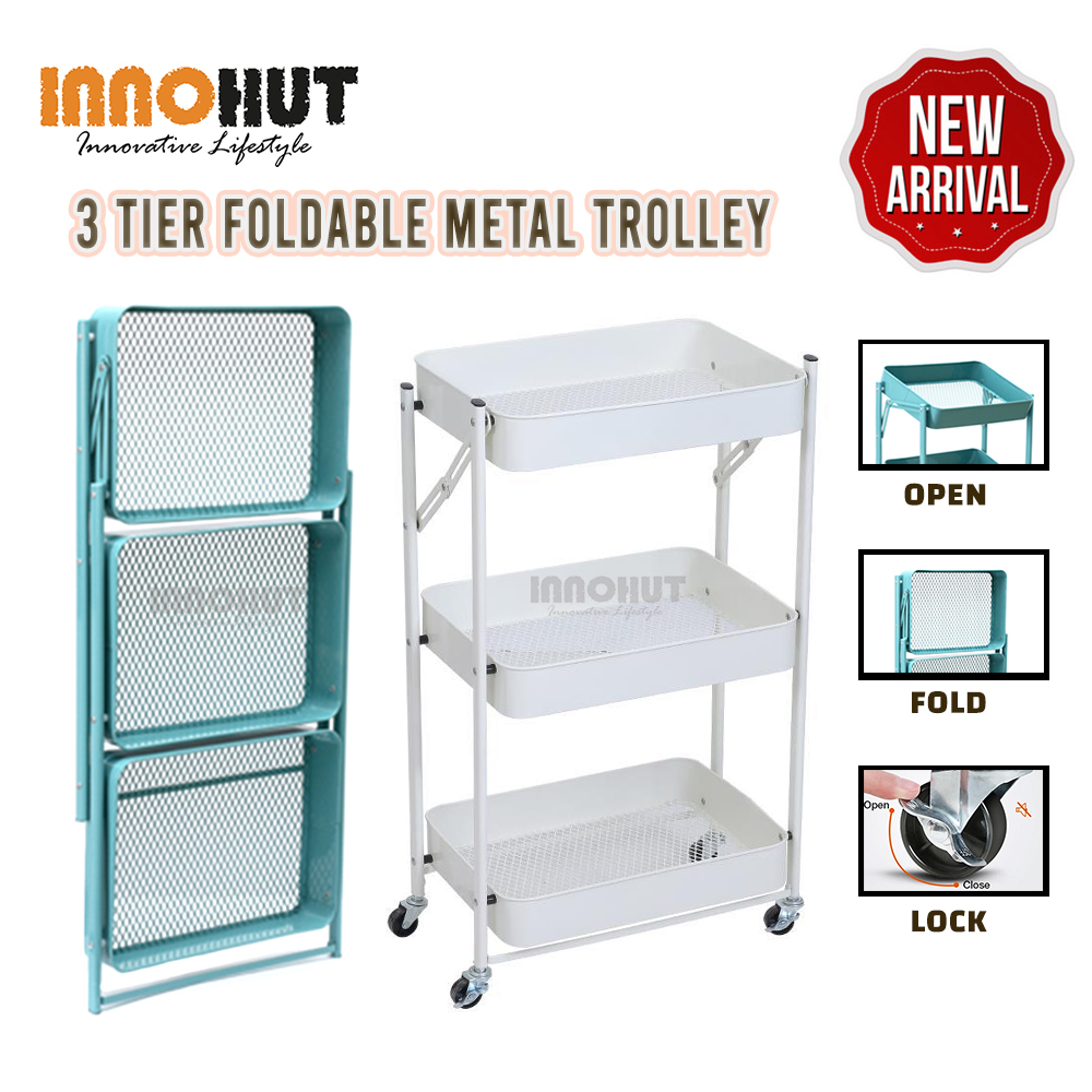 Multipurpose 3 Tier Foldable Powder Coated Carbon Steel Trolley Storage ...