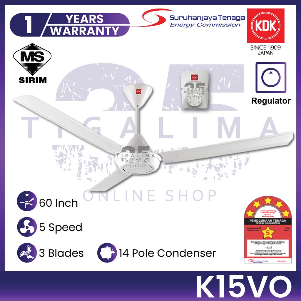 KDK K15VO 60Inch 3 Blades 5 Speed Remote Control White KDK Regulator