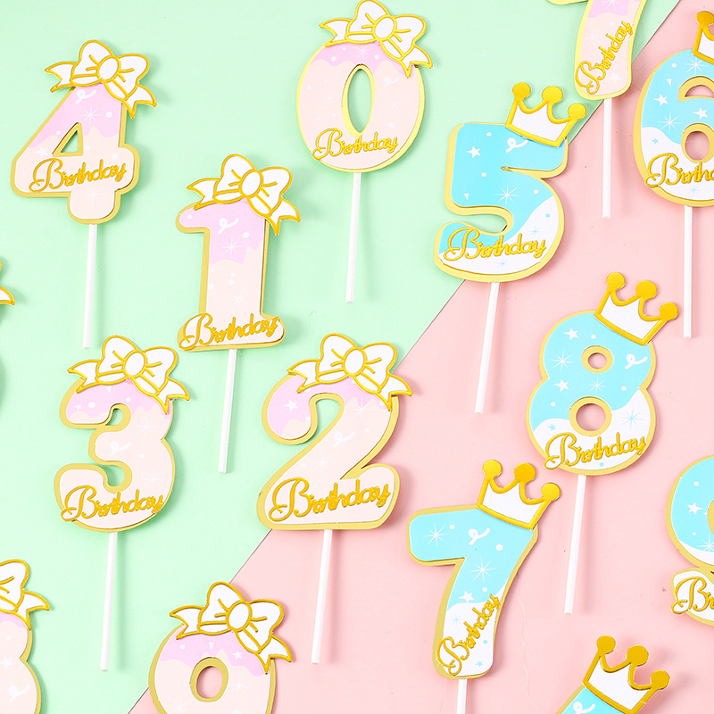 Numbers Birthday Cake Topper Cute Pink Blue Crown Paper Nubmer Cupcake ...