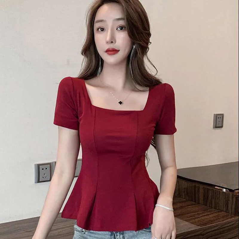 Feminine square neck sexy tight top feminine summer temperament slim ...