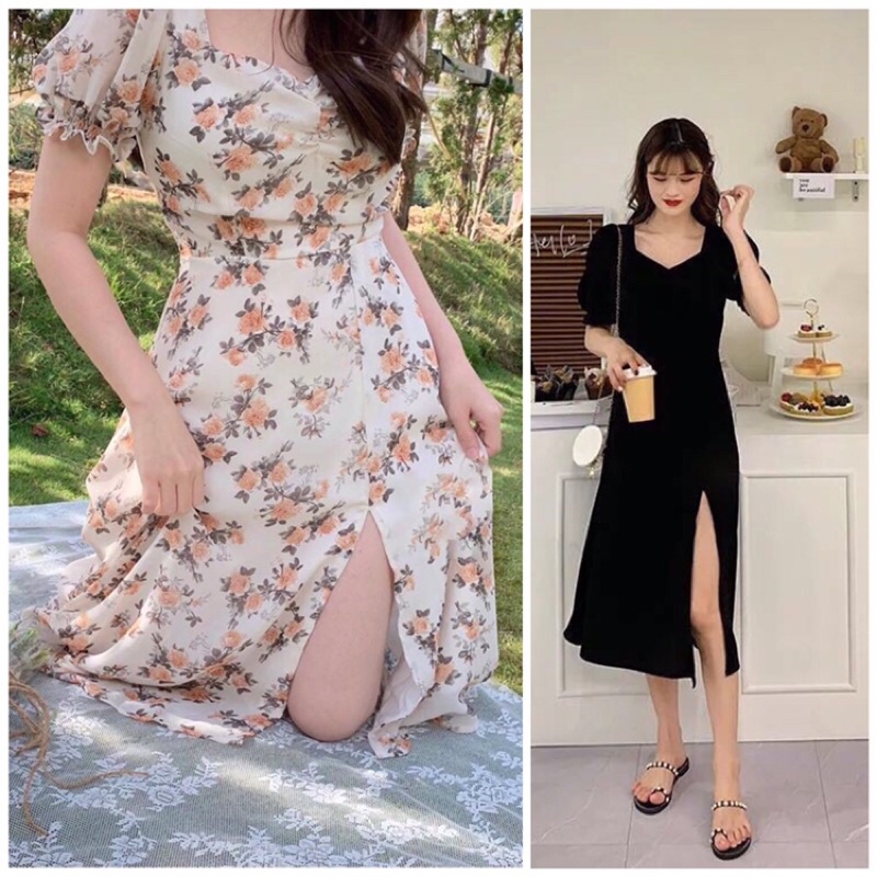 Flower pleated dress with puffy sleeves split flaps with 2 hot girls ...