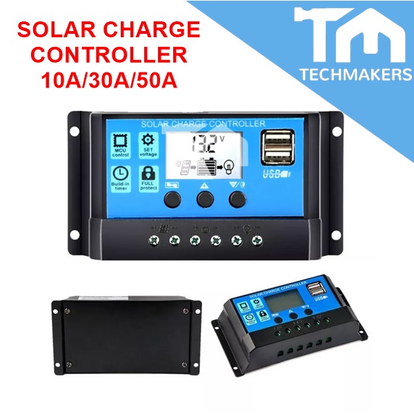10A/30A/50A 12V/24V Automatic Solar Charge Controller PWM LCD Controller Dual USB 5V Solar Panel Controller Techmakers