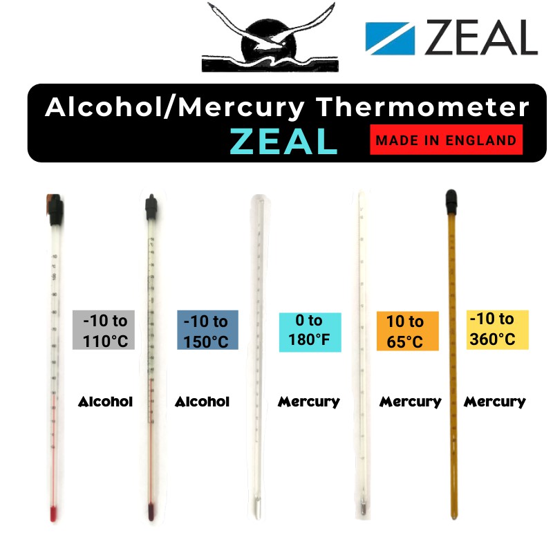 ZEAL/ENGLAND Alcohol(Red)/Mercury (Silver) Thermometer Lab Clinical