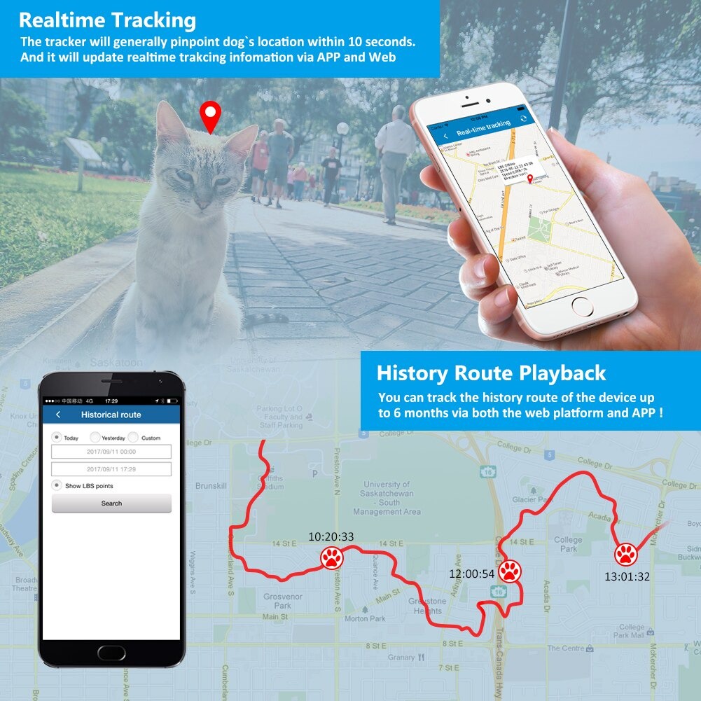GPS Pet Tracker with Collar Cat Dog Pets Locator Tracker GPRS Tracking ...