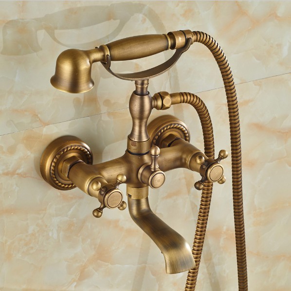 Antique Brass Bathtub Shower Faucets Set Dual Knobs Mixer Tap Wall