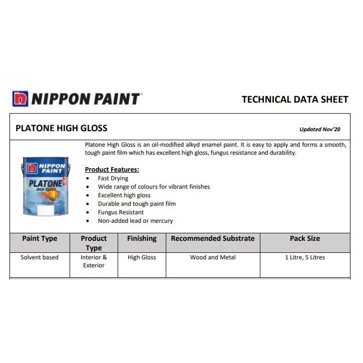 5L Nippon Paint Platone High Gloss Wood & Metal Paint Cat Kayu & Cat ...