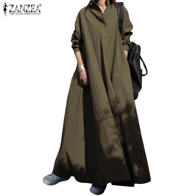 ZANZEA Women Casual Full Sleeve Retro Side Pockets Solid Long Dress ...
