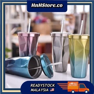 500ml Stainless Steel Tumbler Lid Free Straw Double Layer Insulated Coffee Tumbler Cup Water Bottle Cawan 不锈钢吸管水杯