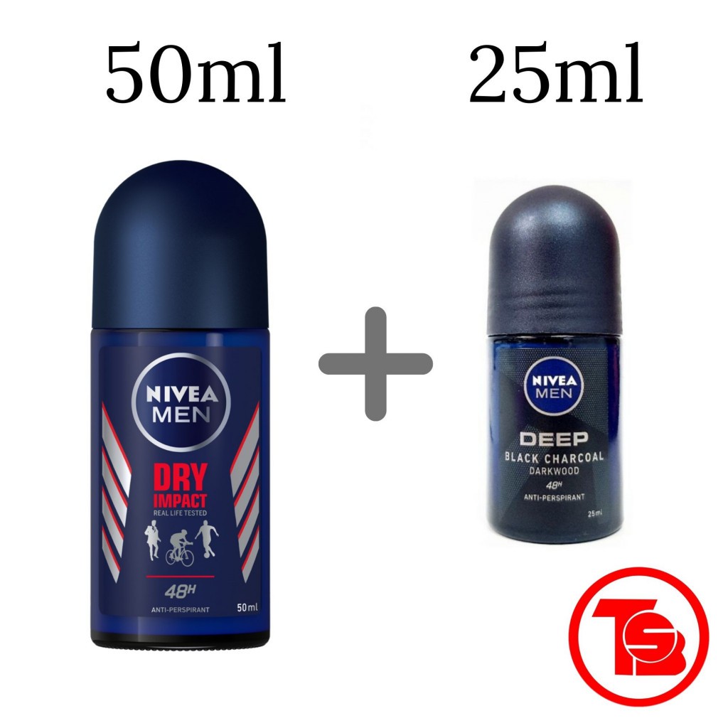 NIVEA Men Deodorant Roll On Dry Impact 50ml + Deep Black Charcoal 25ml ...