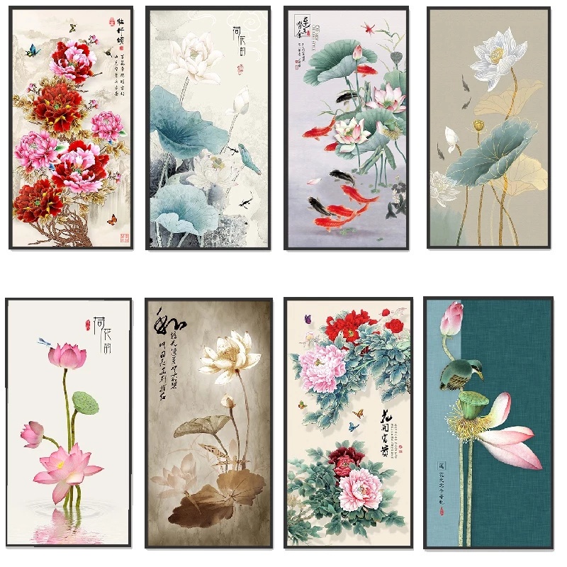 Chinese Style Lotus Peony Flowers Canvas Painting Modern Wall Art ...