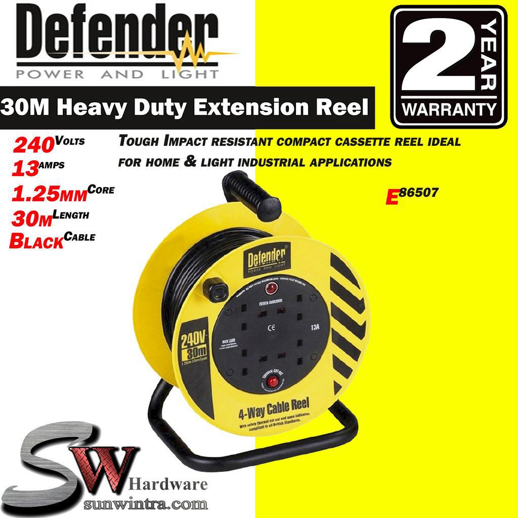 DEFENDER E86507 30M 240V Industrial Extension Wire Cable Reel (2 Years