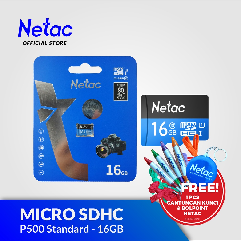 Netac P500 Standard MicroSDHC 16GB U1/C10 up to 80MB/s, Pack Card Only ...