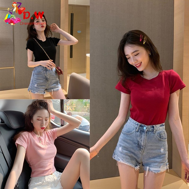 Korean Style Women Clothes Letter embroidery Short-sleeved T-shirt ...