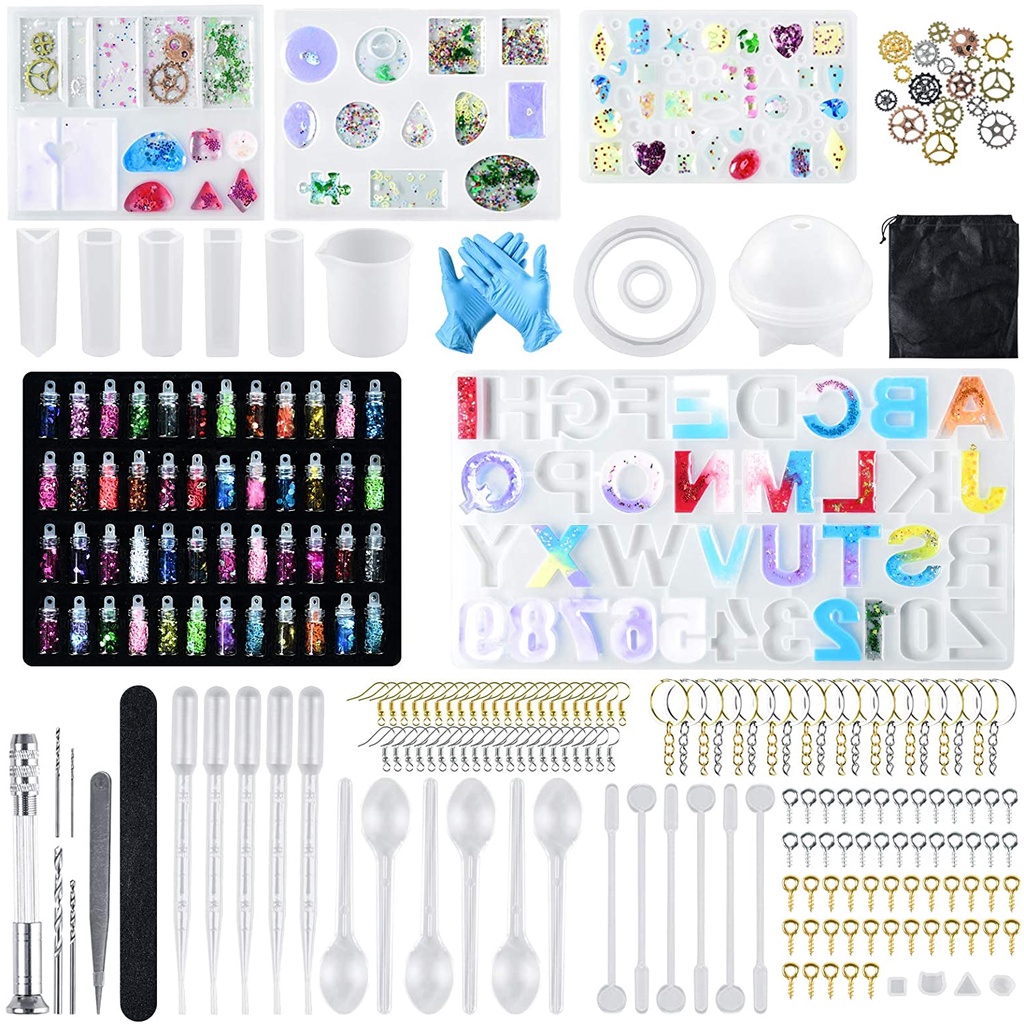 Silicone Mold For Epoxy Resin Set Jewelry Casting Mould Kit with Hand  Drill,Glitter Sequins,Tools for Pendant Earring Making DIY