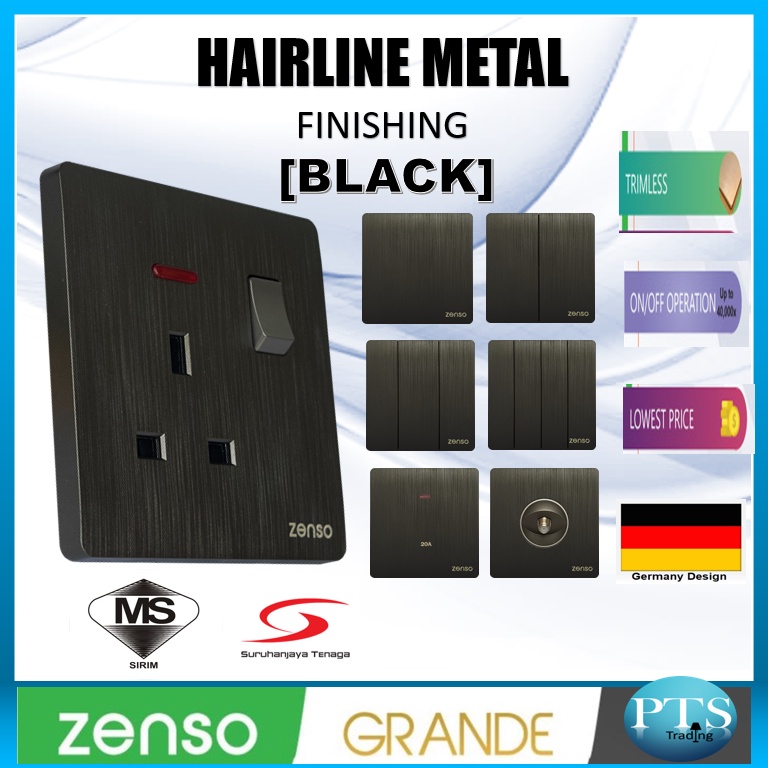 Zenso Grande Hairline Black Switch Socket 13a 15a 20a 1g 2g 3g 4g Bell