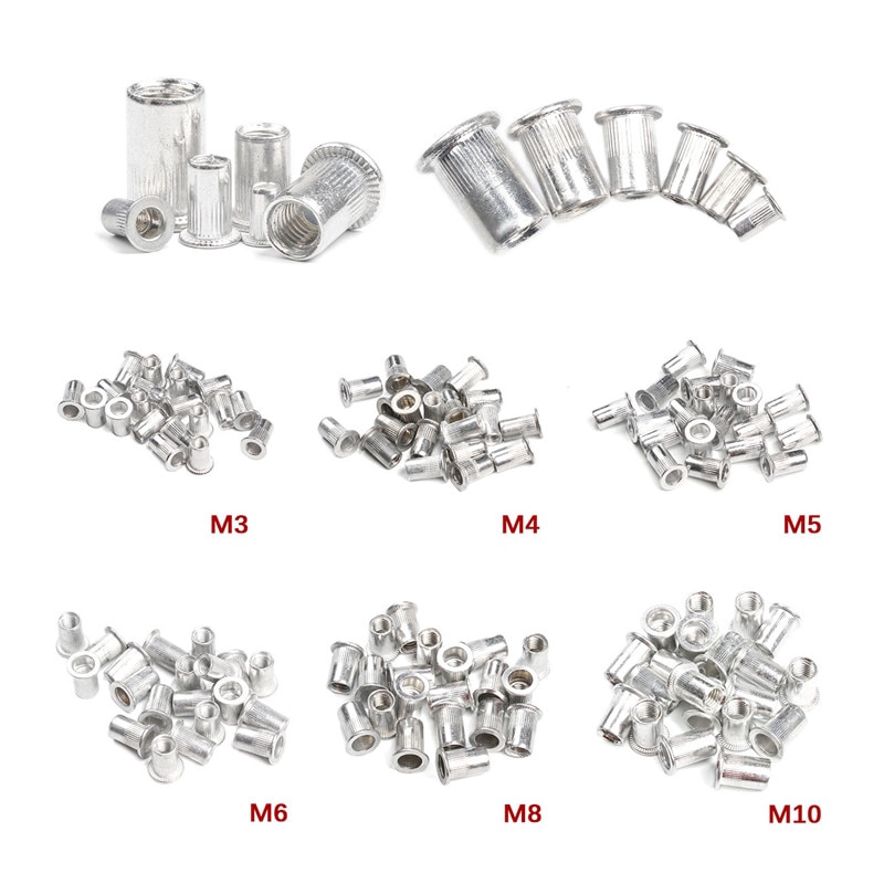 50PCS Aluminum Alloy Rivet Nuts M3 M4 M6 M8 Flat Head Rivet Nuts Set