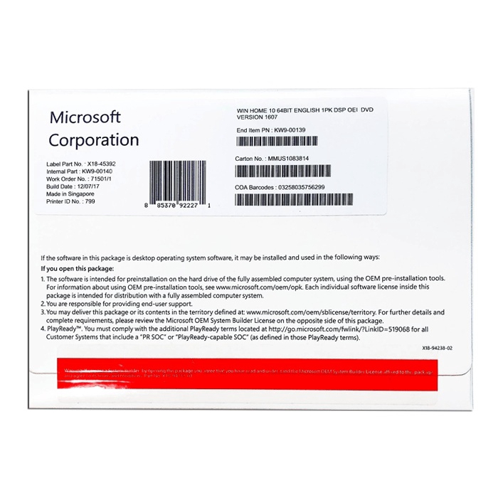 Windows 10 Home - License - 1 license - OEM - DVD - 64-bit - English 