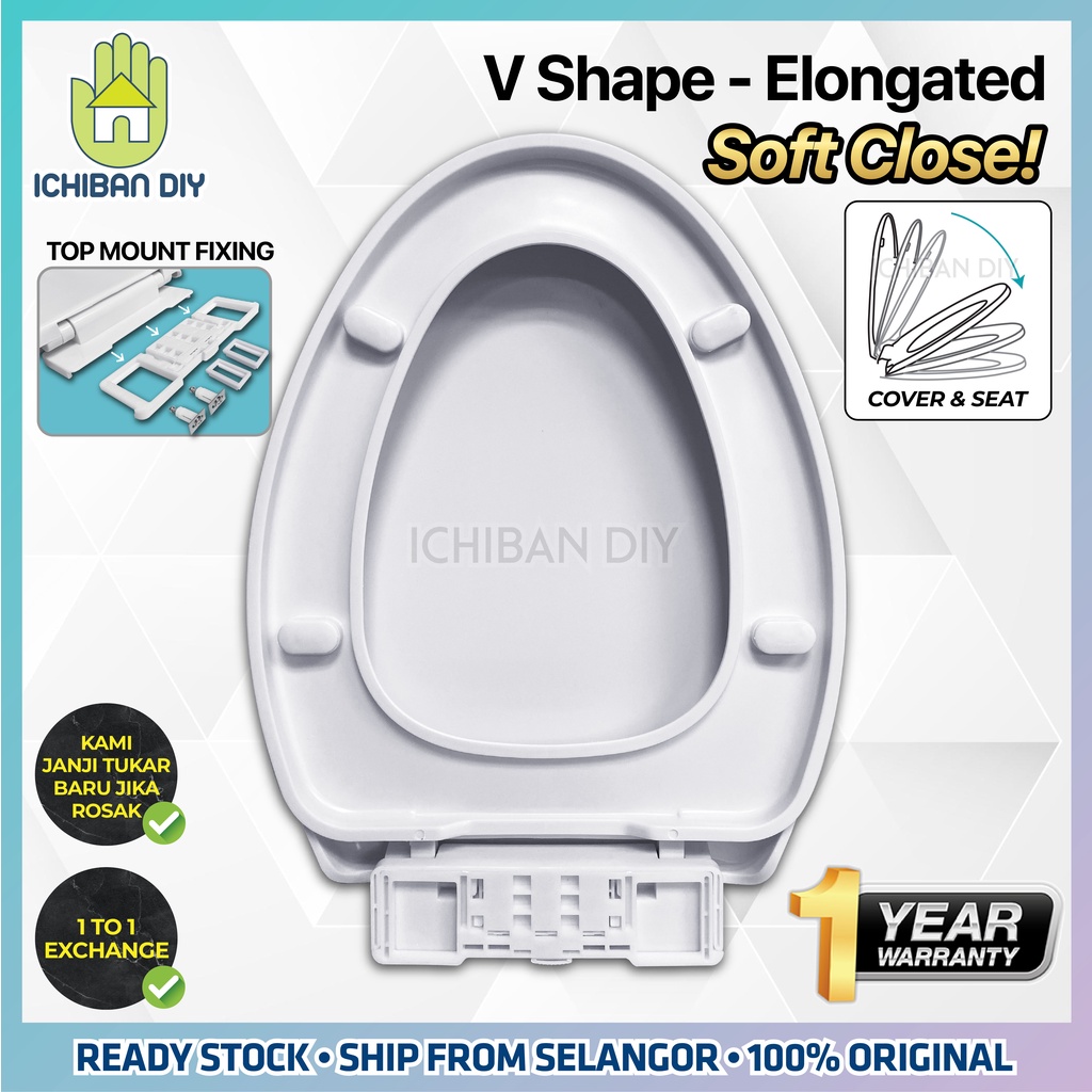 V Shape Soft Close Elongated Toilet Seat Cover Bowl Penutup Mangkuk