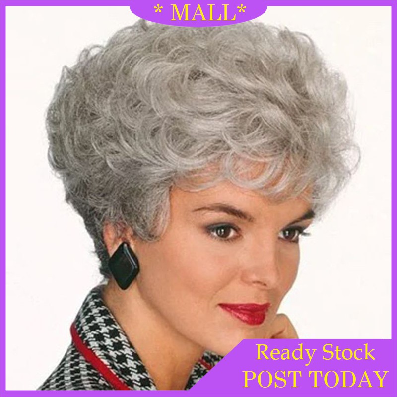 Ready Stock MALL Grandma Gray Short Hair Curly Capless Synthetic