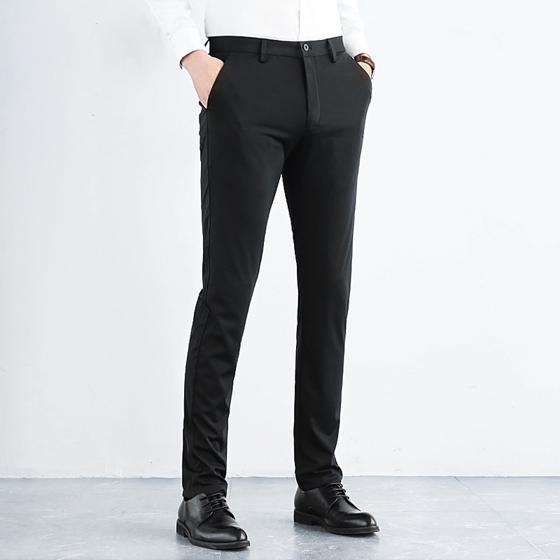 Size 28-40) Men's Formal Pants Office Thin Slim Fit Black Long