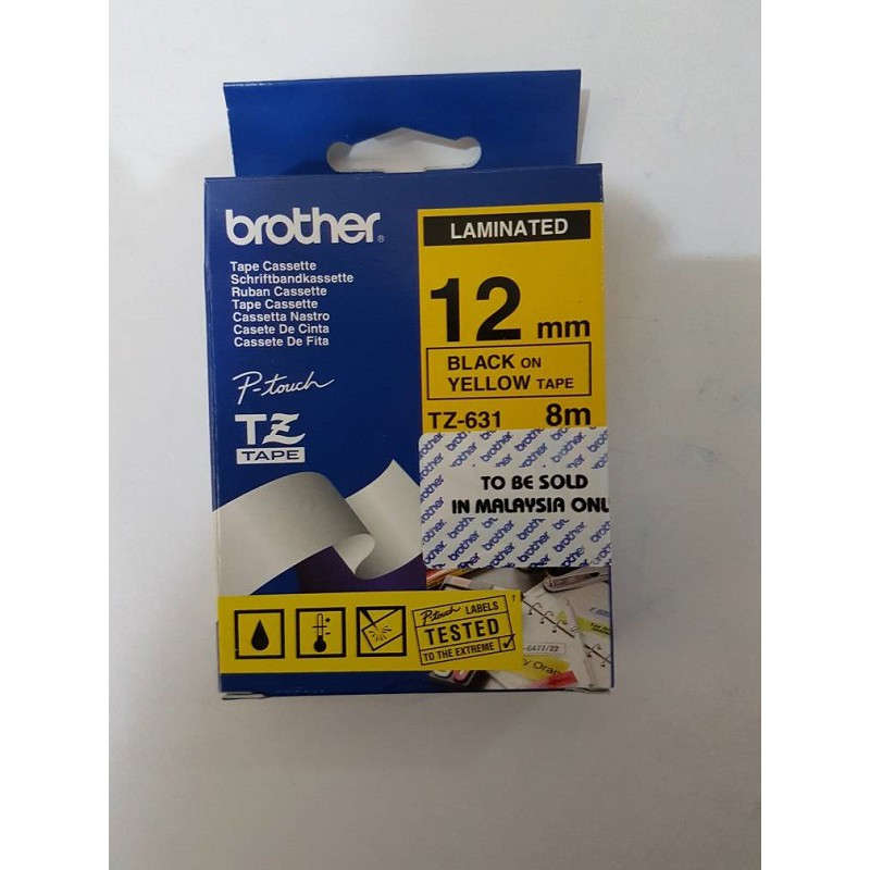 Brother Tape Cassette Laminated Black on Yellow Tape, 12mm, TZ631