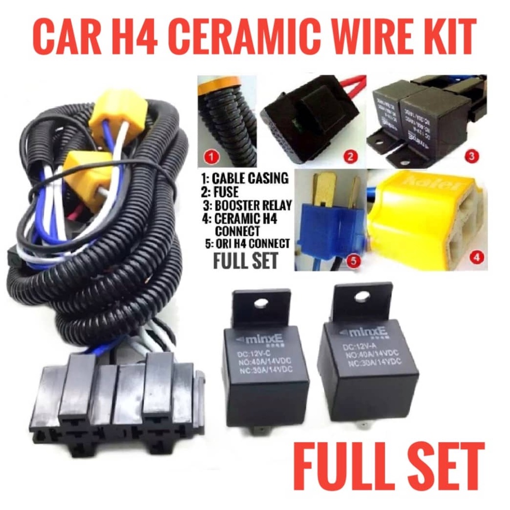 Car H4 Headlight Wire Cable Set Headlamp Ceramic Socket Relay Wayar
