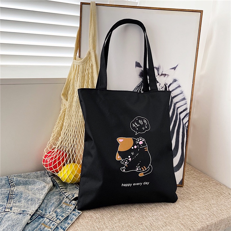 Women Black Shopping Bag Cartoon Print Girl Cat Heart Gothic Ladies ...