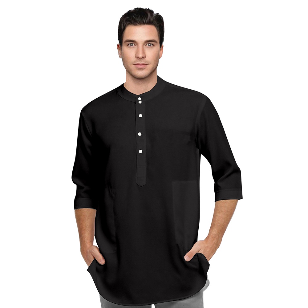 Stand Collar Kurta with Round Hemline 463 - Custom 4XL -Ajrakh Modal Black red pagoda main image 0