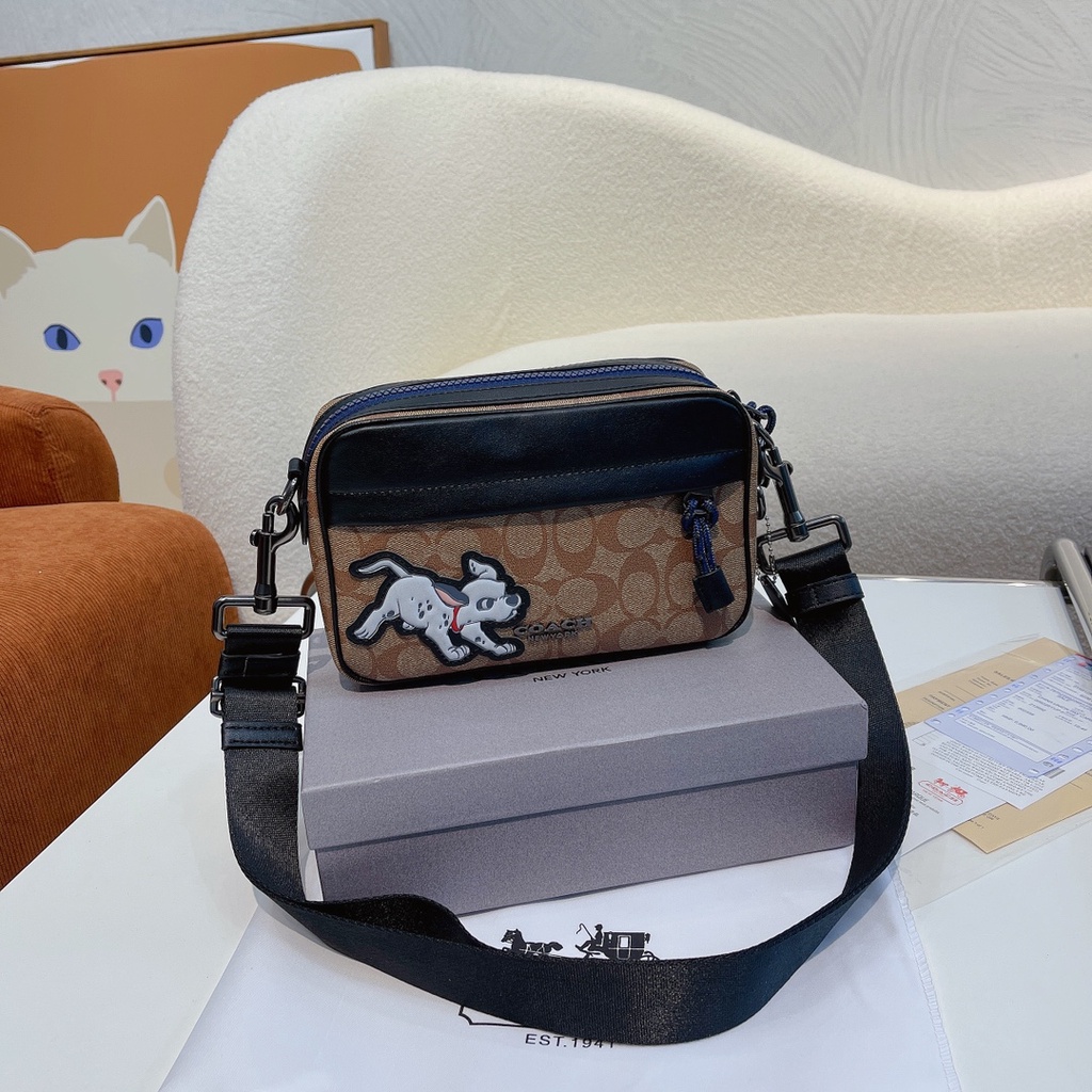 Spot goods coach sling bag men leather Cross Body Bags Double Zipper