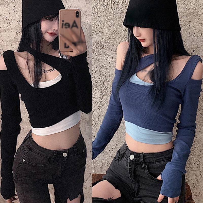 Women Irregular Stitching Fake Twopiece Sexy Long Sleeved Crop Tshirt