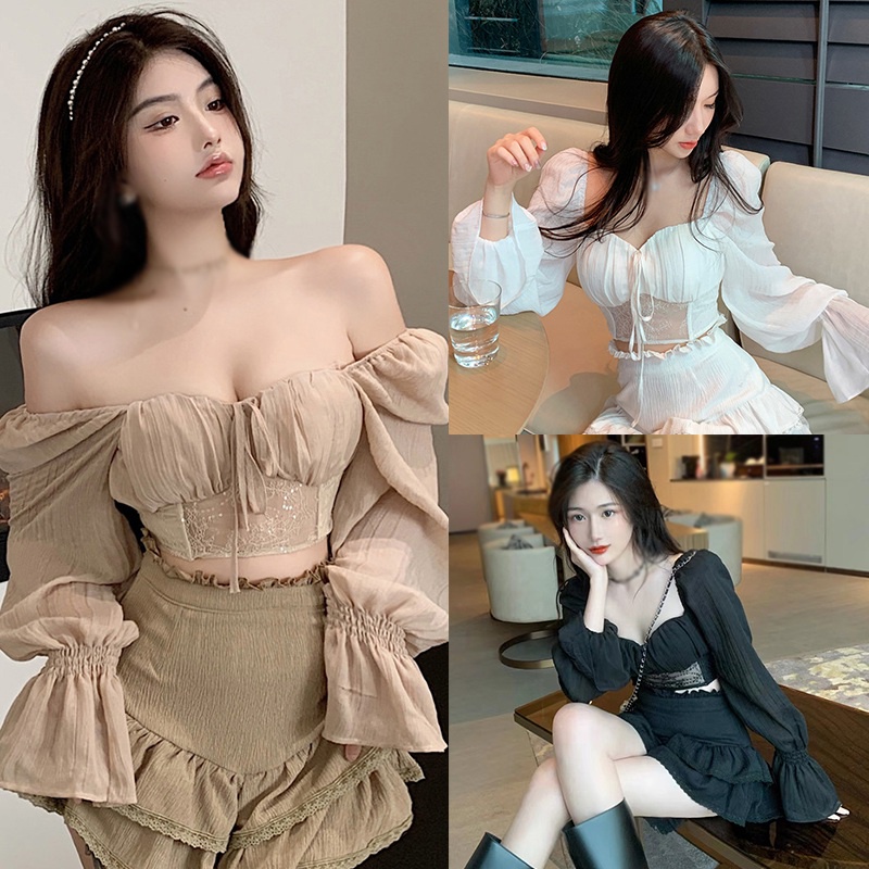 Women s Chiffon Blouse Long Sleeve Slim Fit Autumn Outfit Casual Shirts Solid Color Ruffles Crop Top Shopee Malaysia