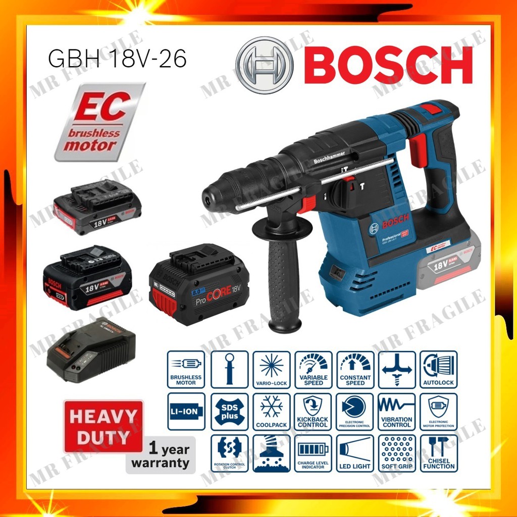 BOSCH GBH 18V 26 EC (SOLO) BRUSHLESS CORDLESS ROTARY HAMMER DRILL WITH ...