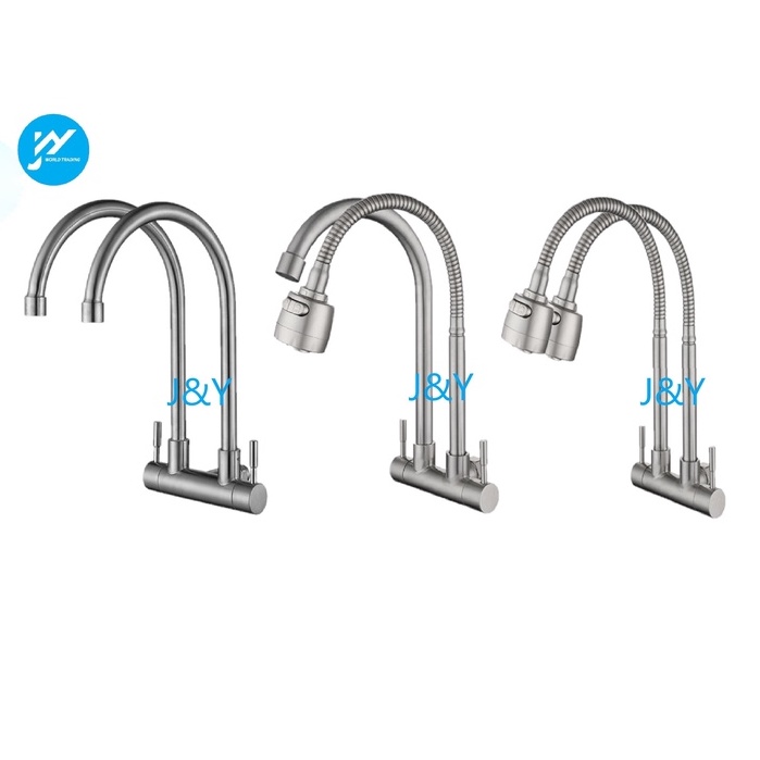 Kitchen 304 Stainless Steel Small Double Faucet Wall Sink Tap Premium